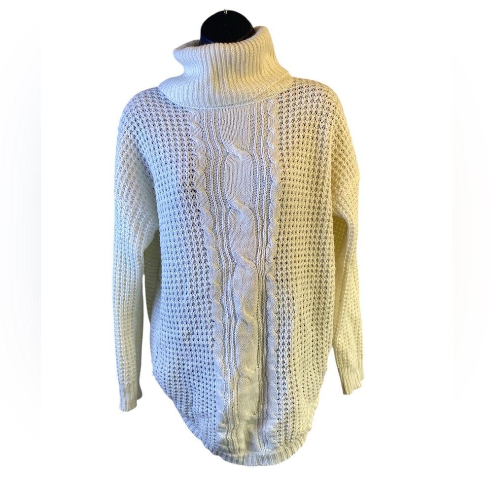 Audrey white cable knit turtleneck sweater oversized collar asymmetrical hem S